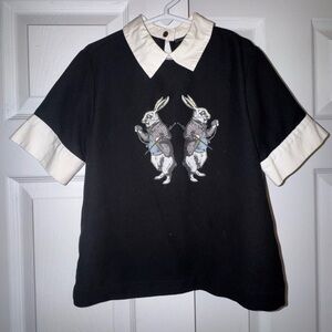 Victoria Beckham for Target Girls Black Top Peter Pan Collar Rabbit Print Size S